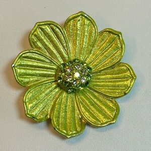 Vintage Chartreuse Green Rhinestone Flower Brooch Pin Metallic MCM